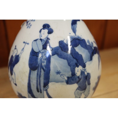 94 - A Chinese blue and white ovoid vase, decorated figures in a landscape, with six character mark to ba... 