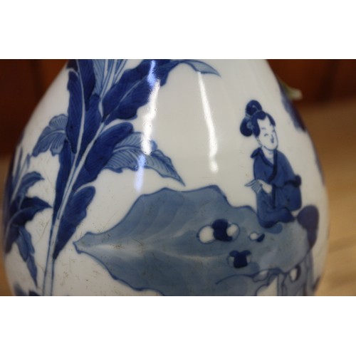 94 - A Chinese blue and white ovoid vase, decorated figures in a landscape, with six character mark to ba... 