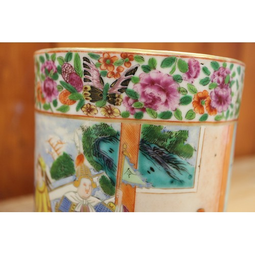 104 - A Canton tankard with polychrome figure flower and butterfly decoration, 5 1/4