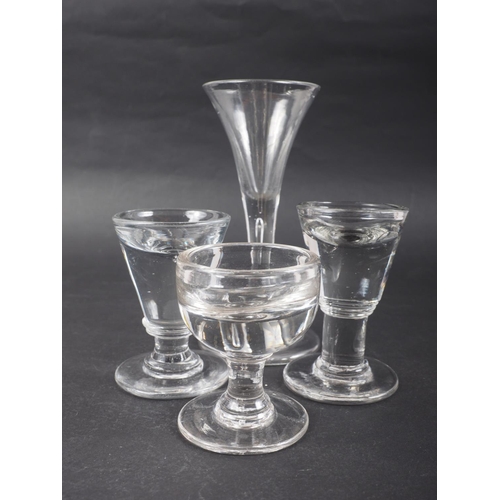 41 - A 19th century drawn stem trumpet wine glass, on folded foot, two toastmaster's glasses, and a 
