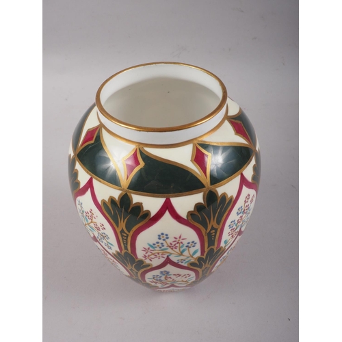 5 - A Spode ovoid china vase, decorated floral panels within a red, green and gilt frame, 6