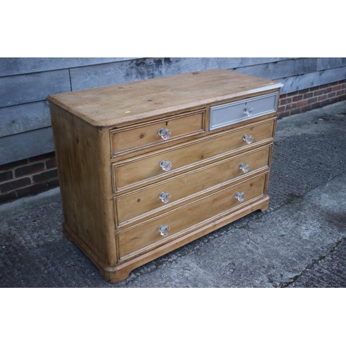 743 - A late 19th century part painted pine chest of two short and three graduated drawers with glass knob... 