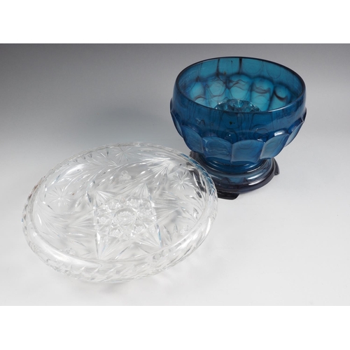 61 - A Davidson blue type cloud glass rosebowl, stem stand and base, 8 1/2