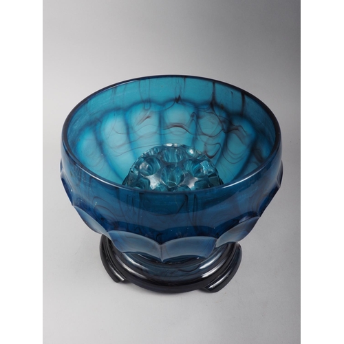 61 - A Davidson blue type cloud glass rosebowl, stem stand and base, 8 1/2