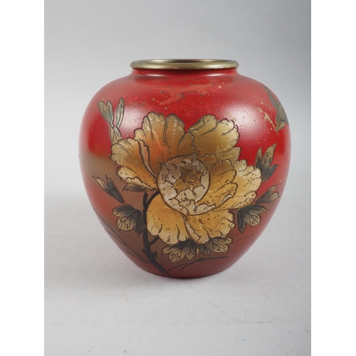 82 - A red lacquered  brass ginger jar with gilt flower and bird decoration, 5 1/2