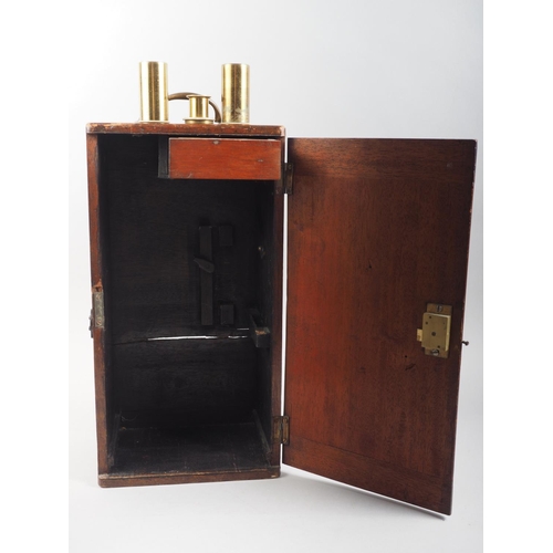 118 - A 19th century brass monocular microscope with two lenses, in fitted mahogany case, 15 1/2