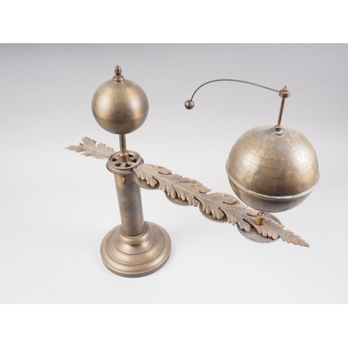 125 - A 1920s Anglo-Indian design patinated brass hand-operated sun, earth and moon orrery, 18