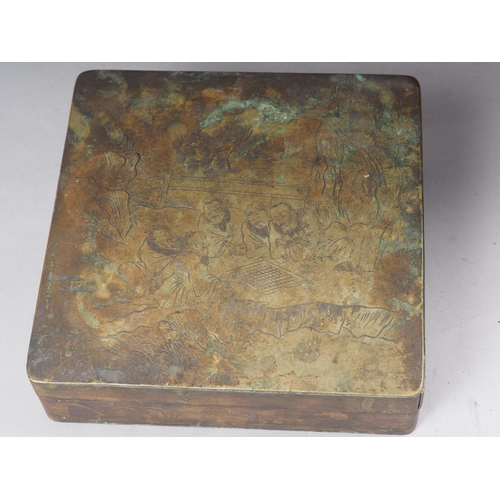 108 - A Chinese brass ink box with engraved decoration, 7 3/4