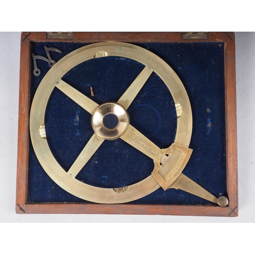 138 - A Stanley engraved brass circular protractor with vernier and arm, in fitted mahogany case