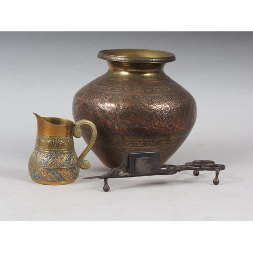 142 - An Indian engraved brass and copper water pot, 5 1/2