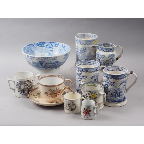 62 - Three 19th century blue and white quart tankards, a 19th century Spode 