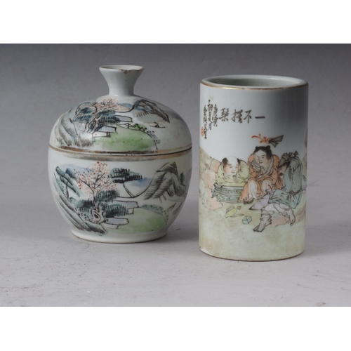 72 - A Chinese brush pot, decorated figures in a landscape and verse, 4 3/4