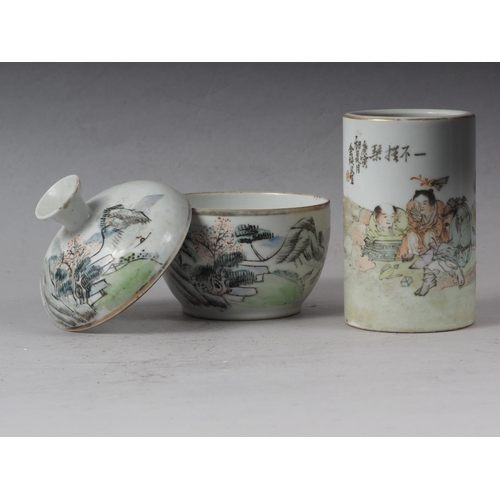 72 - A Chinese brush pot, decorated figures in a landscape and verse, 4 3/4