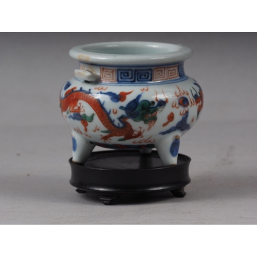 85 - A Chinese porcelain polychrome miniature incense burner, six character mark to base, 2 1/8