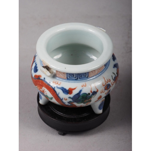 85 - A Chinese porcelain polychrome miniature incense burner, six character mark to base, 2 1/8