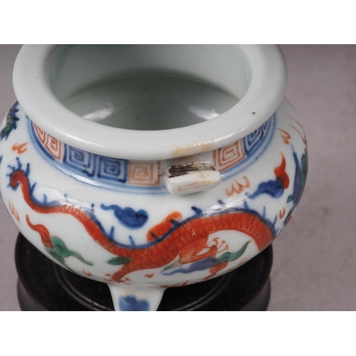 85 - A Chinese porcelain polychrome miniature incense burner, six character mark to base, 2 1/8