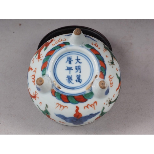 85 - A Chinese porcelain polychrome miniature incense burner, six character mark to base, 2 1/8