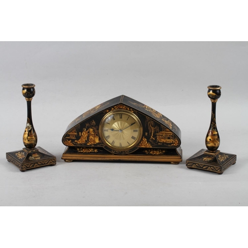 123 - An early 20th century arch top mantel clock, in black and gilt chinoiserie decorated case, 6 high, a... 