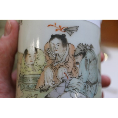 72 - A Chinese brush pot, decorated figures in a landscape and verse, 4 3/4