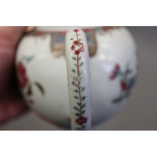 77 - A Chinese teapot, decorated various verses, with cover formed as a saucer, 3 1/4