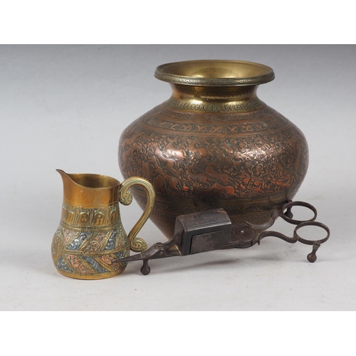 131 - An Indian engraved brass and copper water pot, 5 1/2