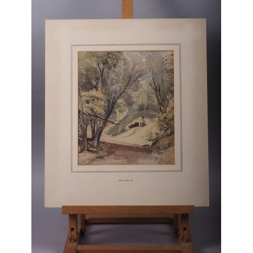 369 - David Cox Jr: watercolour over panel, figure with cow in a lane, inscribed verso label, 10 3/4