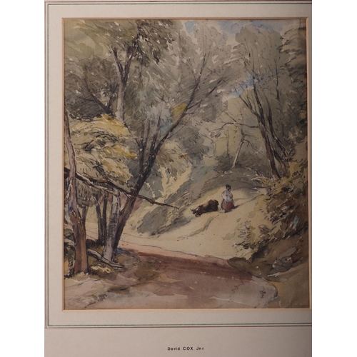 369 - David Cox Jr: watercolour over panel, figure with cow in a lane, inscribed verso label, 10 3/4