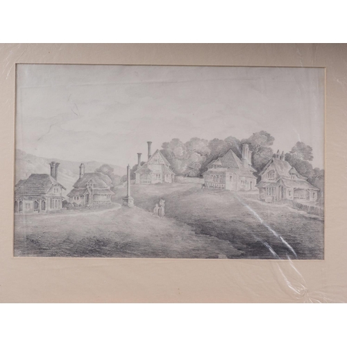 370 - A 19th century pencil sketch, village with figures, 8 1/2