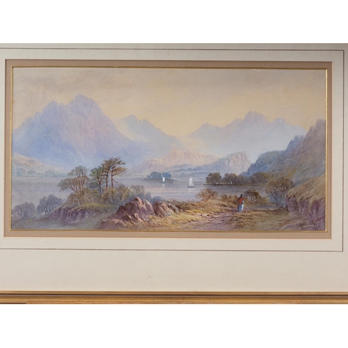 372 - Rosa Mingaye, 1877: watercolours, mountain lake with figure and small boats, 7 1/4