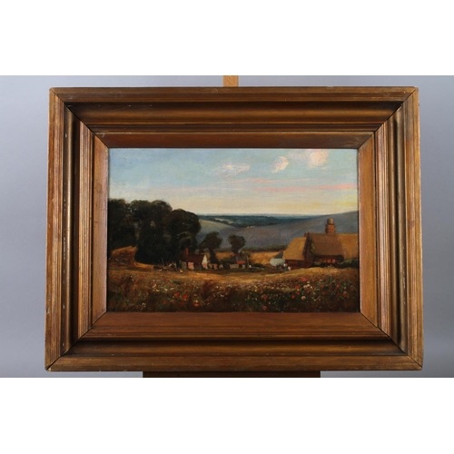 398 - English early 20th century: oil on canvas, downland farm at dusk, 11 1/2