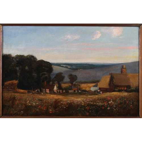 398 - English early 20th century: oil on canvas, downland farm at dusk, 11 1/2