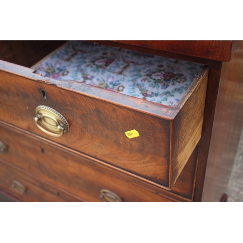 436 - A 19th century figured mahogany chest of two short and three long graduated drawers with oval brass ... 