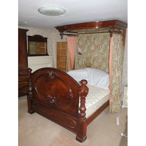 447 - A late Victorian figured mahogany half tester bed with panelled footboard and Kate Greenaway design ... 