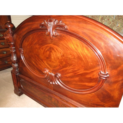 447 - A late Victorian figured mahogany half tester bed with panelled footboard and Kate Greenaway design ... 