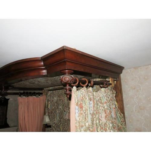 447 - A late Victorian figured mahogany half tester bed with panelled footboard and Kate Greenaway design ... 