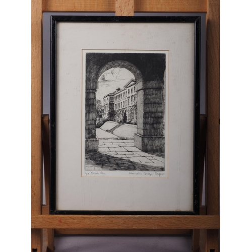 351 - Mabel Olive Rae: a signed etching, Worcester College Oxford, in ebonised frame, three colour prints,... 