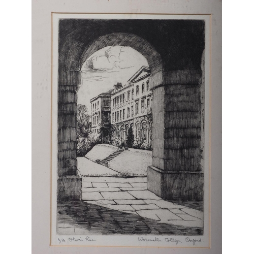 351 - Mabel Olive Rae: a signed etching, Worcester College Oxford, in ebonised frame, three colour prints,... 