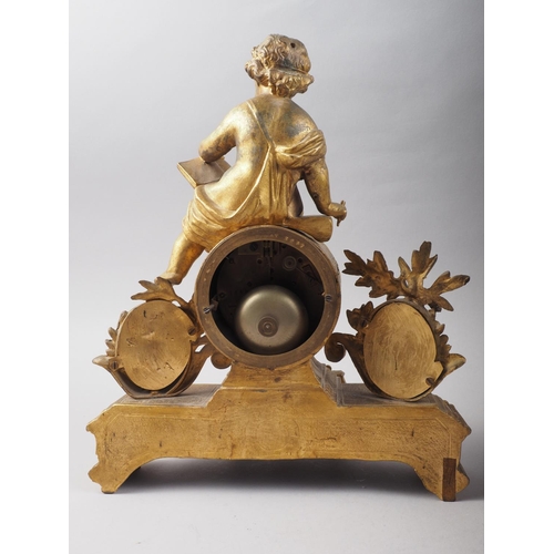 119 - An 19th century French gilt brass mantel clock with putto surmount and flanking porcelain panels, 12... 