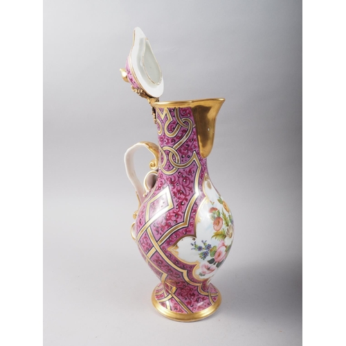 12 - An early 19th century Continental porcelain jug with gilt metal mounts and floral reserved panel on ... 