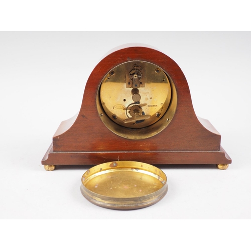 120 - An Edwardian Popham's mahogany and inlaid mantel clock with white enamel dial and Roman numerals, 9