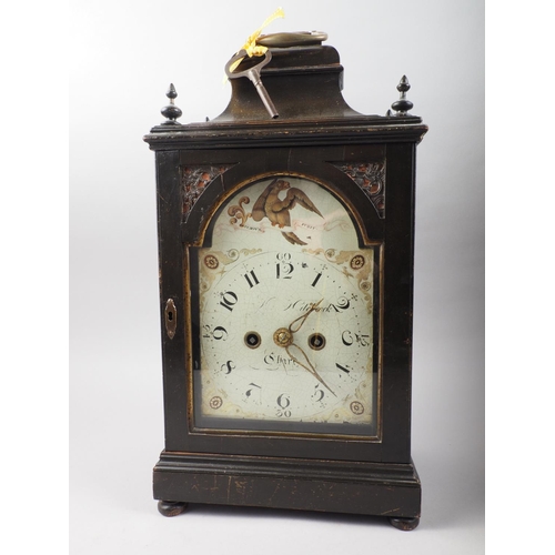 130 - A late 18th century bracket clock with painted arch top dial and eight-day movement, by William Hitc... 