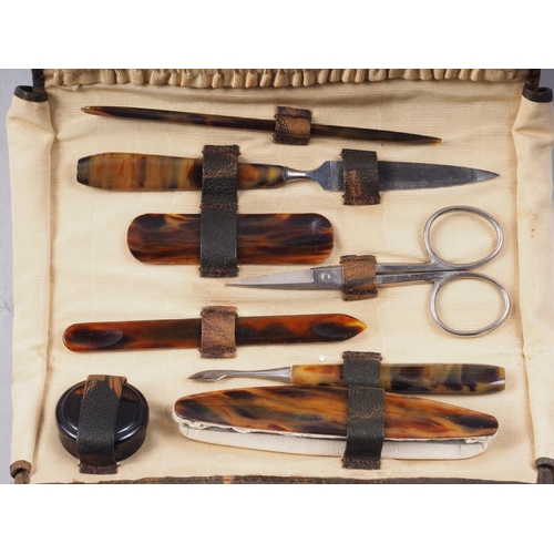 173 - A tortoiseshell effect manicure set, nail buffer, an 1891 French Rosary book and other items