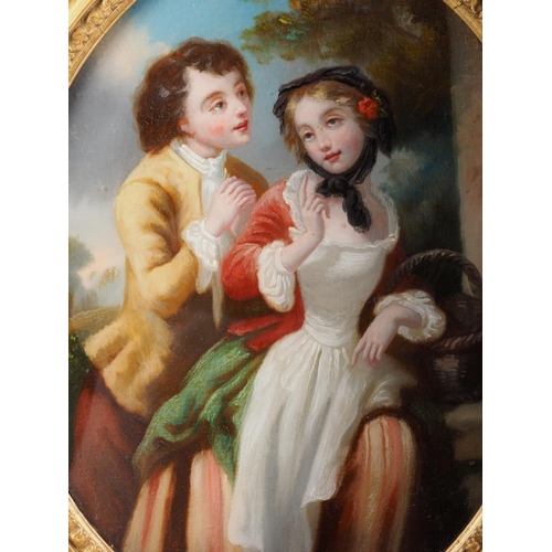 178 - A 19th century oval reverse painting on glass, two young figures, in gilt frame, 13 1/2