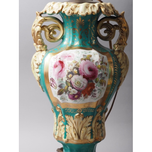 203 - A pair of mid 19th century Coalbrookdale style two-handled vases, now converted as table lamps, on c... 