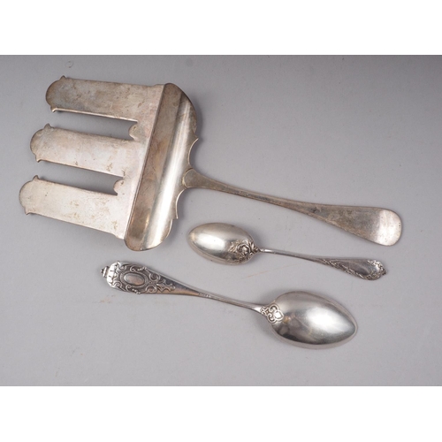 240 - An Egyptian white metal pastry slice, 4.5oz troy, six Continental scroll embossed teaspoons and a la... 