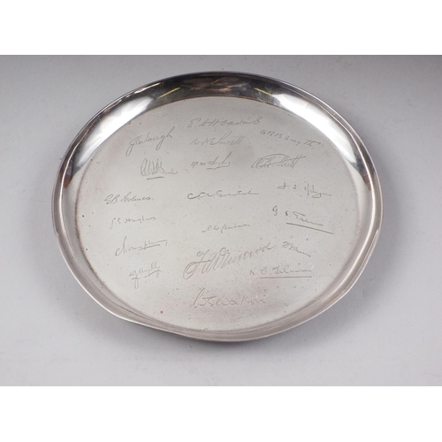 266 - A silver presentation tray, raised on three feet, 15.8oz troy approx