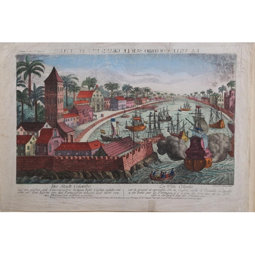 325 - Bergmuller: an early 18th century hand-coloured engraving, Die Stadt Colombo harbour, unframed