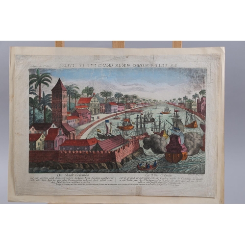 325 - Bergmuller: an early 18th century hand-coloured engraving, Die Stadt Colombo harbour, unframed