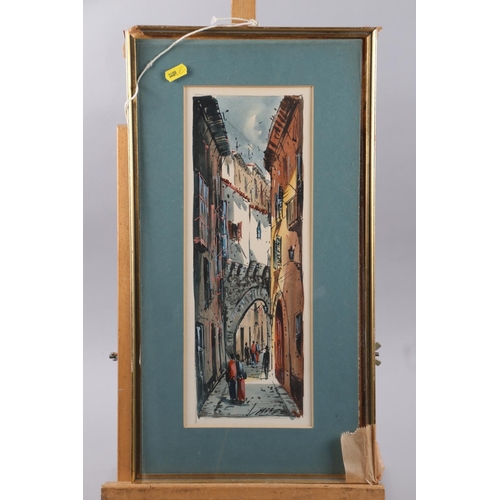 335 - Two prints, scenes of Rome, a watercolour street scene (damaged frame), two 