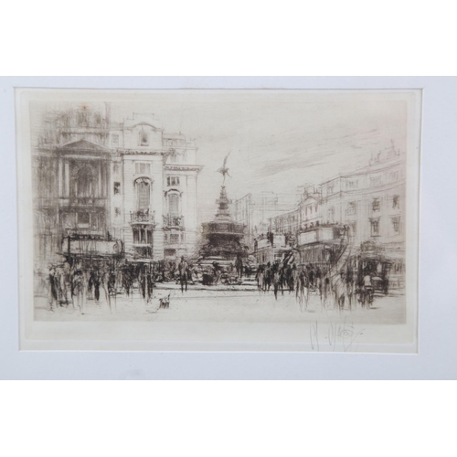 337 - William Walcot: a signed etching, Piccadilly Circus, blind stamp dated 11/24, in strip frame, and th... 